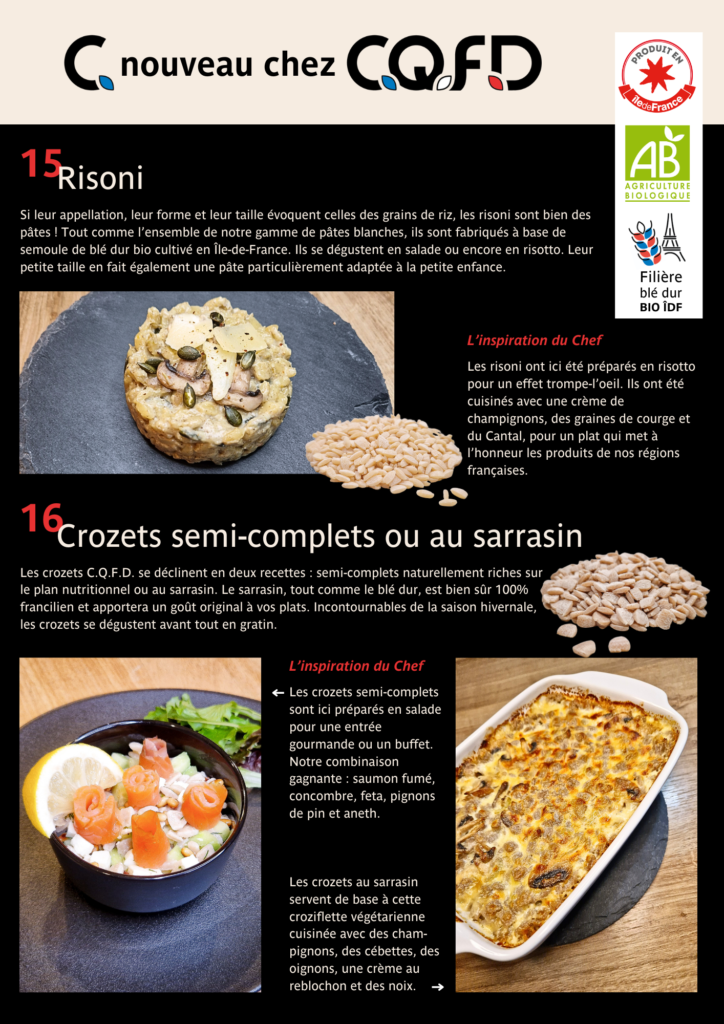 Présentation des nouveautés de la gamme pâtes sèches C.Q.F.D : Les Risoni & les crozets semi-complets et au sarrasin